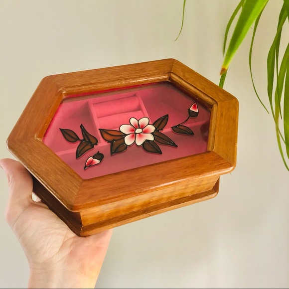Vintage Floral Handpainted Lined Jewelry Box Wood